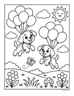 Two puppies floating over a meadow holding bunches of balloons, with a butterfly and a smiling sun