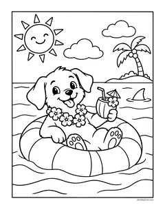A puppy in a flower lei floating in a swim ring with a coconut drink, near a palm tree island