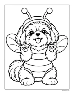 A fluffy puppy in a striped bee costume with wings and antennae, waving both paws