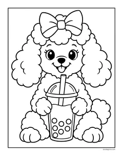A poodle puppy with a big bow holding a cup of bubble tea