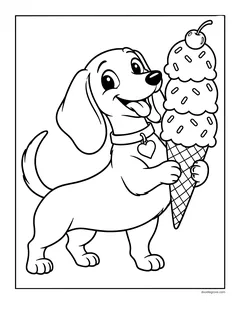 A dachshund holding a tall ice cream cone with sprinkles and a cherry