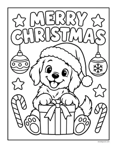 A puppy in a Santa hat sitting on a present under the words Merry Christmas, with ornaments, stars and candy canes