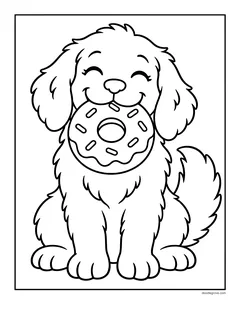 A fluffy puppy holding a sprinkled donut in its mouth