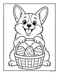 A corgi holding a basket full of patterned Easter eggs