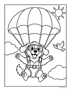 A puppy in goggles floating down on a parachute past clouds and a bird