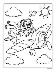 A pug in flying goggles and a scarf flying a propeller plane through the clouds