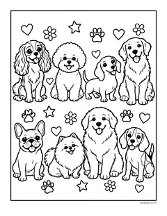 Eight puppies of different breeds sitting in two rows, with paw prints, hearts, stars and flowers