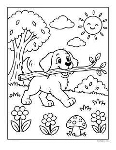 A puppy carrying a big stick through a park with a tree, flowers and a mushroom