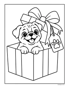 A pug peeking out of a present with a big bow and a paw print tag