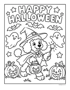 A poodle in a witch hat and cape holding a trick-or-treat pumpkin, with jack-o'-lanterns, ghosts and bats under the words Happy Halloween