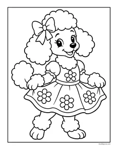 A poodle with a bow on its head wearing a dress covered in flowers