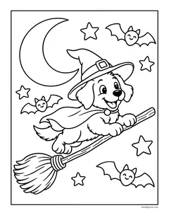 A puppy in a witch hat flying on a broomstick past the moon, stars and bats