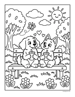A puppy and a kitten sitting on a park bench with drinks, surrounded by flowers and trees