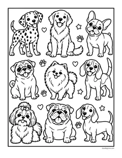 Nine dogs on one page, including a Dalmatian, a golden retriever, a French bulldog, a pug, a Pomeranian, a beagle, a Shih Tzu, a bulldog and a dachshund