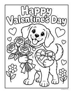 A puppy carrying roses and a heart-shaped box of chocolates under the words Happy Valentine's Day