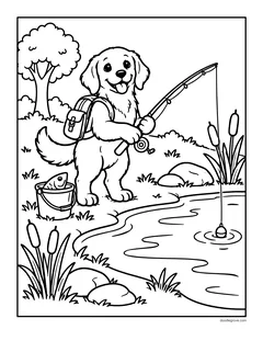A puppy with a backpack fishing at a pond with cattails and a bucket