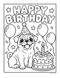 A pug in a party hat next to a birthday cake with one candle, balloons and confetti under the words Happy Birthday