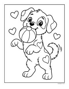 A puppy with heart-shaped spots standing up and holding a ball, with hearts around