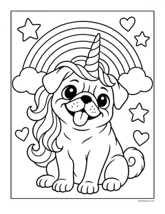 A pug in a unicorn horn headband with a flowing mane, in front of a rainbow with stars and hearts