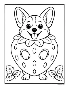 A corgi dressed as a giant strawberry with leaves around its face