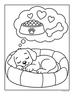 A puppy asleep in its dog bed, dreaming of a food bowl, a bone and hearts