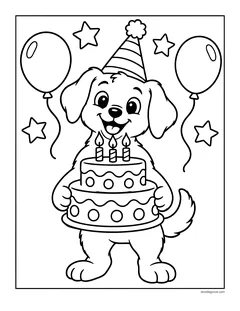 A puppy in a party hat holding a two-layer birthday cake with candles, with balloons and stars