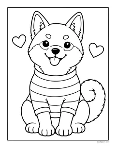 A Shiba Inu puppy in a striped sweater sitting between two hearts