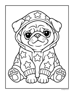 A pug sitting in a hoodie covered in stars