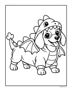 A dachshund in a dragon costume with wings, spikes and a tail