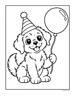 A fluffy puppy in a party hat sitting and holding a balloon