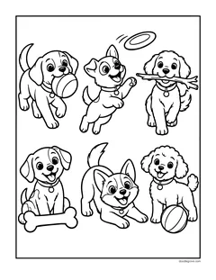 Six puppies playing with a ball, a stick, a frisbee and a bone