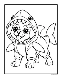 A pug in a shark costume with teeth around its face, a fin and a tail