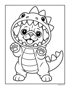 A pug in a dinosaur costume with spikes, waving both paws