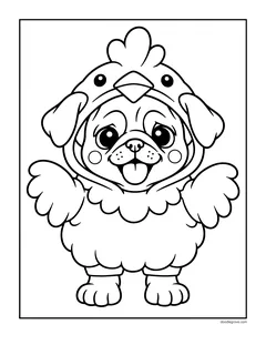 A pug in a chicken costume with a comb, a beak and feathery wings