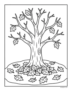 A tree with bare branches and a few leaves left, standing on a big pile of fallen leaves