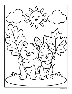 A bear and a bunny standing in the grass, each holding a leaf as big as they are, under a smiling sun and clouds
