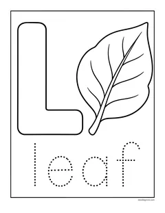 A big letter L and a leaf, with the word leaf in dotted letters to trace