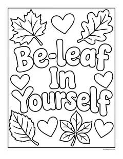 The words Be-leaf in Yourself in bubble letters, with leaves and hearts around them