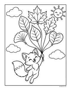 A fox floating in the air holding a bunch of leaves like balloons, with clouds and a smiling sun
