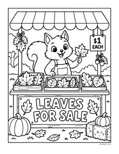 A squirrel selling leaves at a stand with a Leaves for Sale sign, a price tag, pumpkins and a hay bale