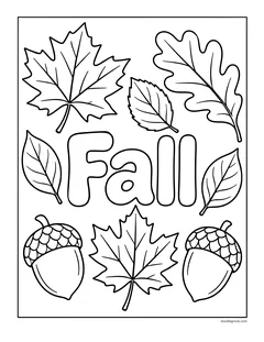 The word Fall in bubble letters surrounded by maple, oak and birch leaves and two acorns