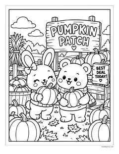 A bunny and a bear holding pumpkins in front of a Pumpkin Patch sign, with pumpkins all around and a bundle of corn stalks