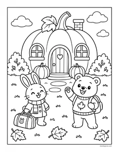 A bunny carrying a suitcase and a waving bear in front of a little house shaped like a pumpkin