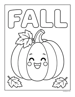 A big smiling pumpkin under the word FALL in bubble letters, with two leaves at the bottom