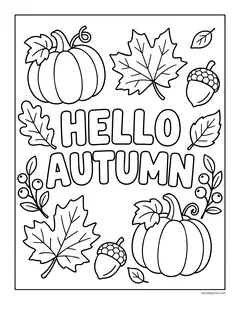 The words Hello Autumn in bubble letters surrounded by pumpkins, maple leaves, acorns and berry branches