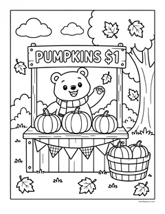 A bear in a scarf waving from a wooden pumpkin stand with a Pumpkins $1 sign and a basket of pumpkins