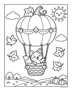 A fox waving from the basket of a hot air balloon shaped like a pumpkin, floating over hills with a smiling sun