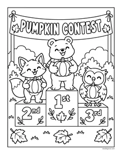 A bear, a fox and an owl holding pumpkins on a 1st, 2nd and 3rd place podium under a Pumpkin Contest banner
