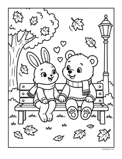 A bunny and a bear in scarves holding hands on a park bench under a tree, with falling leaves and hearts