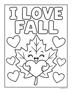 A smiling maple leaf hugging a heart under the words I Love Fall, with hearts all around